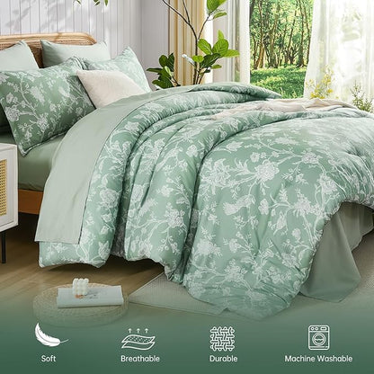 Luxudecor Floral Comforter Set King Size 7 Pieces, Green Flower with Bird Bed in a Bag, Soft Reversible Comforter with Sheet Bed Set 104"x90"