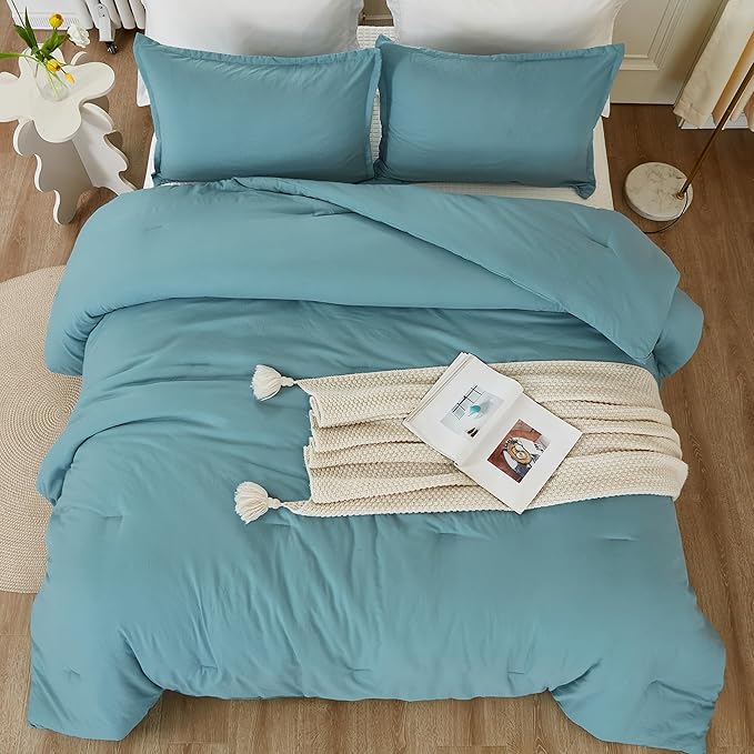 Litanika Oversized King Comforters Grayish Teal Super King Plus Size, 3 Pieces Lightweight Solid Bedding Comforter Set, All Season Fluffy Bed Set (128x120In Comforter & 2 Pillowcases)