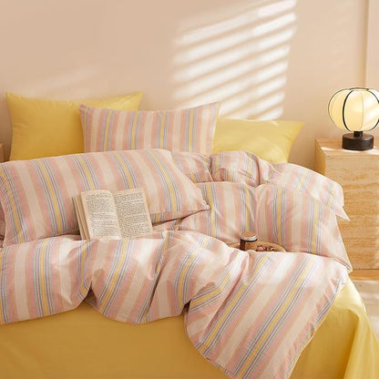 Pink and Yellow Striped XL Twin Comforter Set Fluffy Down Alternative Bedding Set Cute Cozy Washed Cotton Bedroom Bedding Comforter Sets Boho Chic Soft Comfy Bed Comforter with 2 Pillowcases