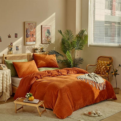 Houseri Burnt Orange Velvet Comforter Set King Rust Comforter Fluffy Bedding Sets Brick Red Comforter Micromink Sherpa Comforter Set Flannel Fuzzy Bed Blanket Rust Red Terracotta Comforter King Size