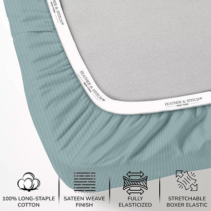 Feather & Stitch 500 TC King Size Bed Sheet Set, 100% Cotton Soft Breathable Bedsheets, 4 Piece 18" Deep Pockets Sateen Weave Striped Bedding Mattress Resort Hotel Luxury - (Granite Green Stripe)