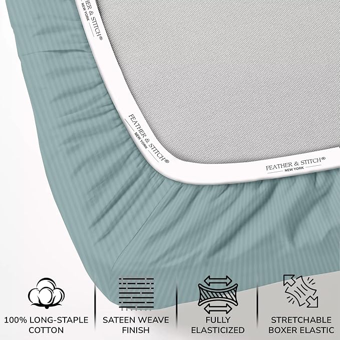Feather & Stitch 500 TC Full Size Bed Sheet Set, 100% Cotton Soft Breathable Bedsheets, 4 Piece 18" Deep Pockets Sateen Weave Striped Bedding Mattress Resort Hotel Luxury - (Granite Green Stripe)