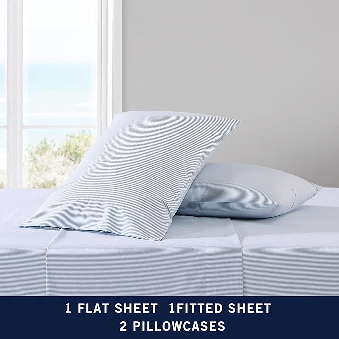 Nautica - Twin Sheet Set, Cotton Percale Bedding Set, Crisp & Cool, Lightweight & Breathable (Penny Pinstripe Blue, Twin)