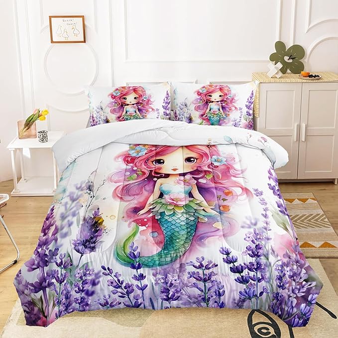 Lavender Mermaid Comforter Set for Teens Girls,Kawaii Violet 3 Pieces Bedding Set Twin,Lightweight Microfiber Violet Flowers Down Alternative Bed Set Comforter with 2 Pillowcase