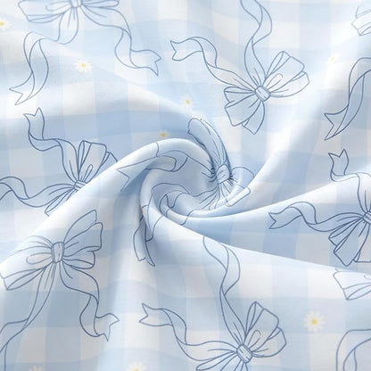 Blue Bow Comforter Set Full for Girls, Light Blue Gingham Bedding with Heart Pattern, 3 Pcs Checkered Plaid Quilted Comforter Set with 2 Pillowcases, 79"x90"