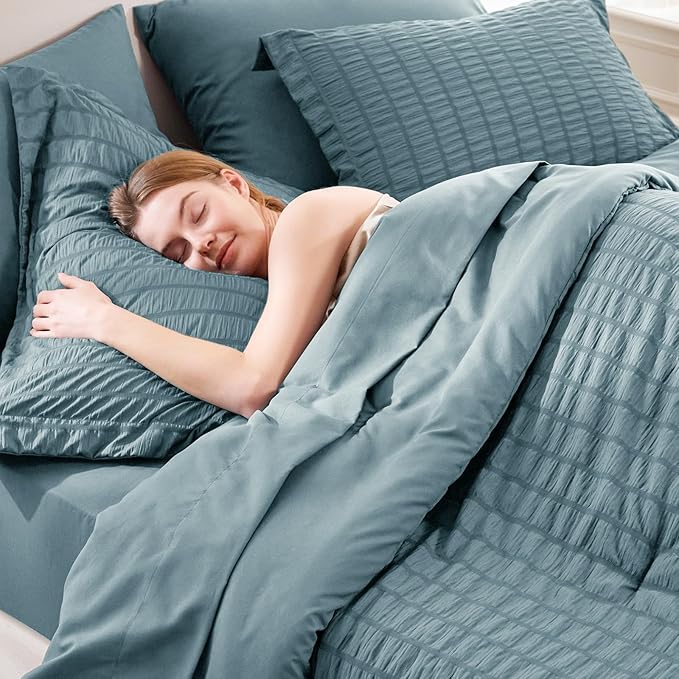 CozyLux King Size Comforter Set Mineral Blue Seersucker 7 Pieces Bed in a Bag King Comforter Set with Sheets, Luxury Soft Bedding Sets with Down Alternative Comforter, Sheets, Pillowcases & Shams