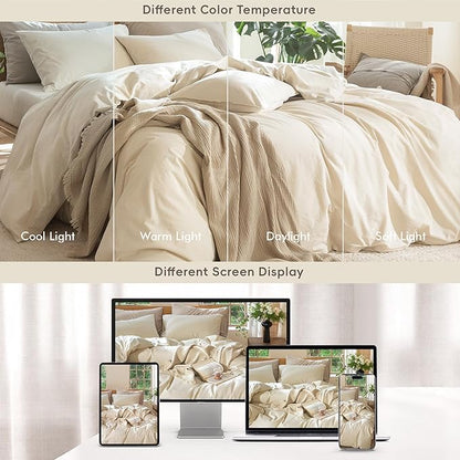MooMee Bedding Duvet Cover Set 100% Washed Cotton Linen Like Textured Breathable Durable Soft Comfy (Heathered Almond Milk Grey, King 104"x90")