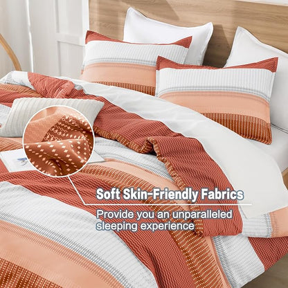 Litanika Burnt Orange Bed Comforter Full Size Set, 3 Pieces Boho Terracotta Stripe Colorblock Soft Bedding Comforter Set, Rust Fluffy Bed Set (79x90In Comforter & 2 Pillowcases)