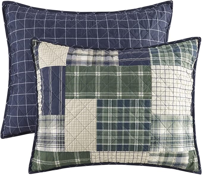 Madison Park Reversible Quilt Cabin Lifestyle Plaid Design - All Season, Breathable Coverlet Bedspread Bedding Set, Matching Shams, King/Cal King(104"x94"), Green/Navy 3 Piece