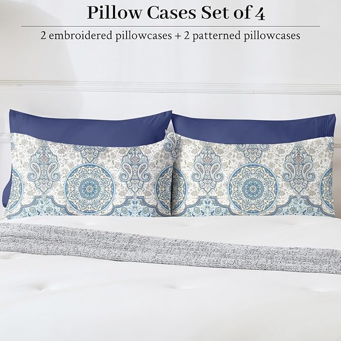 YIYEA Pillow Cases Standard Size Set of 4, Ultra Soft 1800TC Hotel Quality Double Brushed Microfiber Embroidered Pillowcases and Boho Pillow Covers, Envelope Closure, Fade Resistant (20"x26")