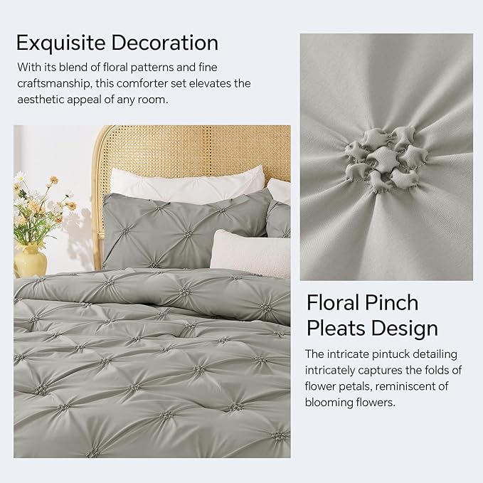 BEDELITE Grey Twin Comforter Set - 2 Peices Boho Pintuck Bedding Comforter Sets, Lightweight Soft & Warm Twin Bedding Sets with 1 Pillowcase for All Season