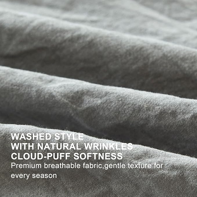 Grey Ruffle Comforter Set King, Pre-Washed Shabby Chic Bedding Set, Lightweight Cottagecore Soft Romantic Cozy 1 Comforter & 2 Shams, All-Season