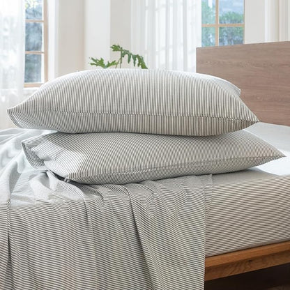 MooMee Striped Duvet Cover Set 100% Washed Cotton Linen Like Textured Breathable Durable Soft Comfy (Heathered Green Pinstripes, Oversized Full 82"x86")