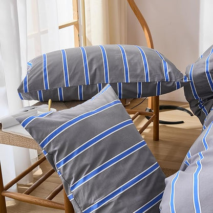 Merryword Blue and Gray Striped Duvet Cover Set King Size 100% Cotton Bedding Set with Modern Coastal Style Soft Breathable Linen Like Bedding Set 3 Pieces