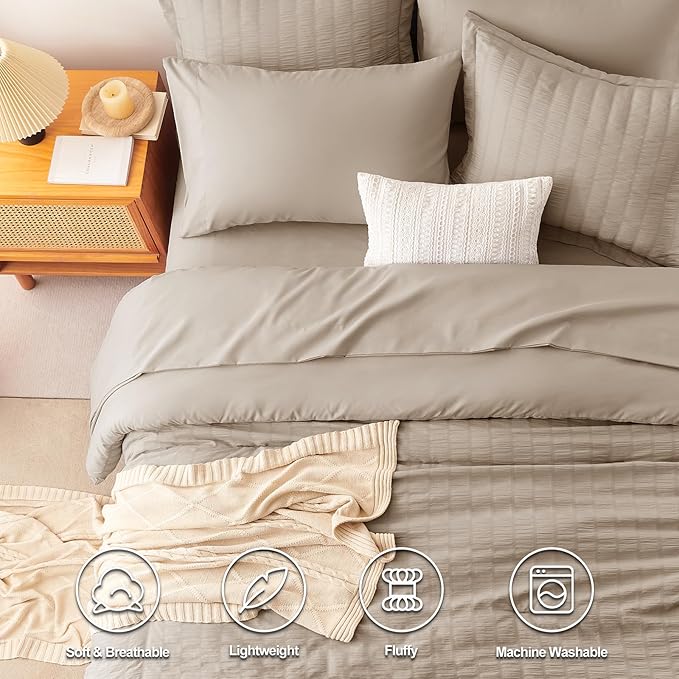 CozyLux King Size Comforter Set Khaki Seersucker 7 Pieces Bed in a Bag King Comforter Set with Sheets, Luxury Soft Bedding Sets with Down Alternative Comforter, Sheets, Pillowcases & Shams All Seasons