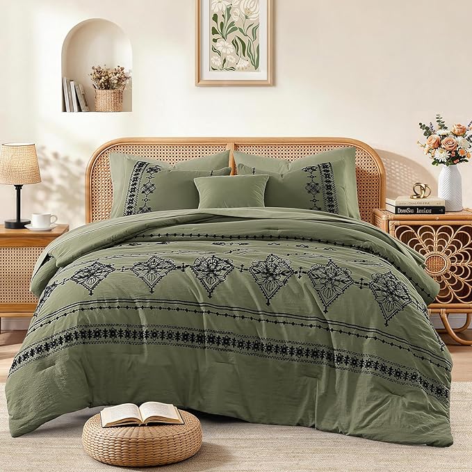 MaiRêve Queen Size Comforter Set Olive Green, Embroidery Floral Western Boho Bedding Set, All Season 7 Pieces Bed in a Bag with Sheets, Pillowcases & Shams