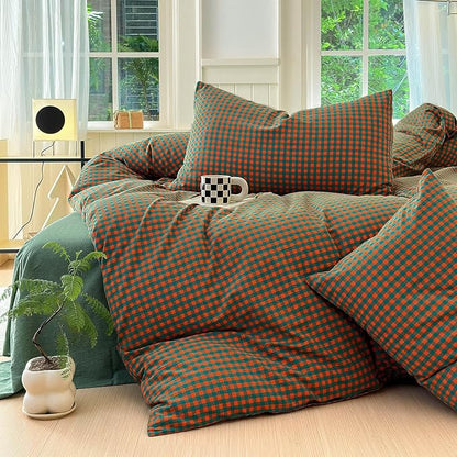 LifeTB Gingham Comforter Set Full Modern Style Orange Green Plaid Grid Comforter Soft Fluffy 3 Pieces Checkered Pattern Comforter Set Farmhouse Gingham Bedding Comforter with 2 Pillowcases