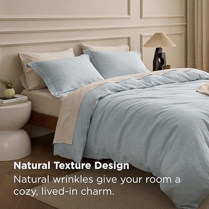 Bedsure 100% Washed Cotton Duvet Cover Queen Size - Pastel Blue Minimalist Bedding Set Linen Like - PureWoven Plain Simple & Soft Comforter Cover for All Seasons (Pastel Blue, Queen, 90"x90")