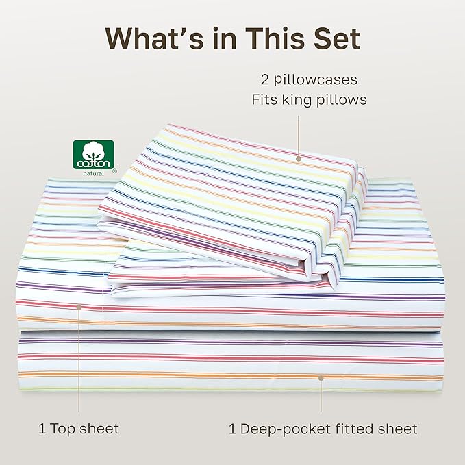 California Design Den Rainbow Striped King Size Sheets Set - 400 Thread Count, Soft Sateen, Natural 100% Cotton Sheets, Deep Pockets, and Durable Bedding Set - Rainbow Striped
