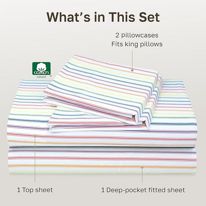 California Design Den Rainbow Striped King Size Sheets Set - 400 Thread Count, Soft Sateen, Natural 100% Cotton Sheets, Deep Pockets, and Durable Bedding Set - Rainbow Striped