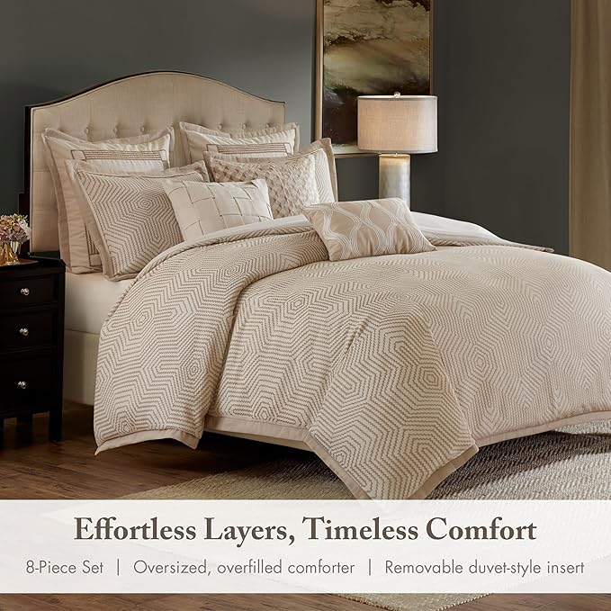 Madison Park Signature King Luxury Jacquard Comforter Set, Removable Duvet Cover with Insert, Oversized Overfilled Bedding, Hand-Guided Embroidered Texture Accents, Geometric Ivory, 9-Piece