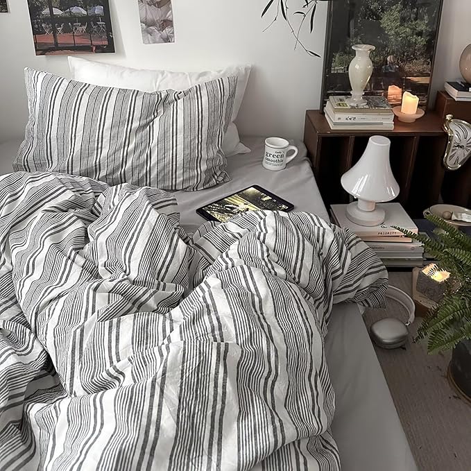 MKXI Full Size Charcoal Grey & White Striped Duvet Cover Set - 3 Piece Modern Washed Cotton Bedding, Soft Breathable Comforter Cover with Zipper Closure & Corner Ties, Minimalist Geometric Design