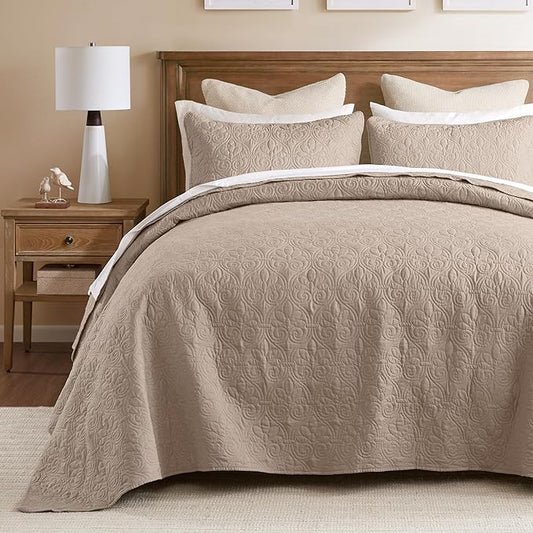 Madison Park Quebec Reversible Quilt Set Damask Design, Double Sided Stitching All Season, Lightweight Bedspread Bedding Set, Matching Sham, Khaki, King(120"x118") 3 Piece
