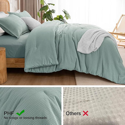 PHF Soft Waffle Comforter Set Queen Size- Comfy Breathable Waffle Weave Comforter with 2 Pillow Shams, 3 Pieces Less Snagging Lightweight Textured Bedding Set for All Season, Dusty Blue