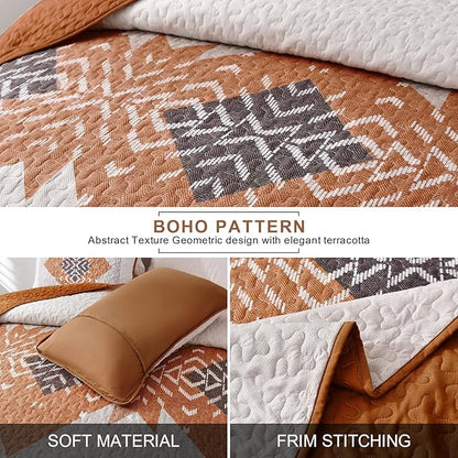 Dintszyayue Burnt Orange Quilt Set Boho California King Size,3 Piece Aztec Texture Bedspread Coverlet Set Soft Lightweight Bedding Set Terracotta Quilt with 2 Pillowcases(Terracotta,96"x112")