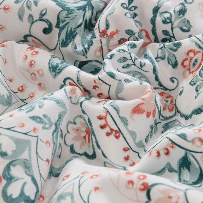 CLOTHKNOW Green White Floral Queen Comforter Set Botanical Bedding Comforter Sets Soft Boho Comforter Queen with 2 x Pillowcases