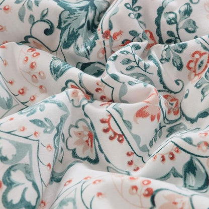 CLOTHKNOW Green White Floral Queen Comforter Set Botanical Bedding Comforter Sets Soft Boho Comforter Queen with 2 x Pillowcases