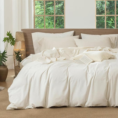MooMee Striped Sheet Set 100% Washed Cotton Linen Like Textured Breathable Durable Soft Comfy (Almond Milk Grey Pinstripes, Queen)