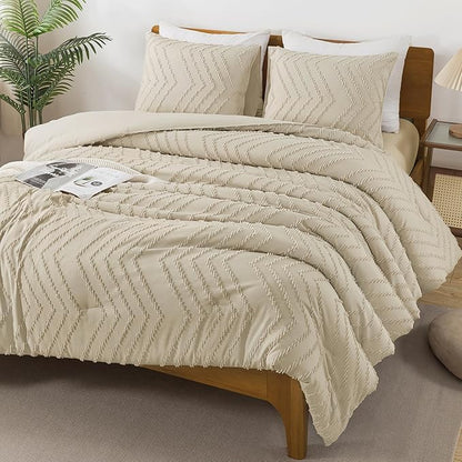 Andency Light Khaki Comforter Set Queen Size, Boho Soft Warm Tufted Bedding Comforter Sets for Queen Size Bed, 3 Pieces Aesthetic Chevron Farmhouse Cute Bohemian Textured Bed Set