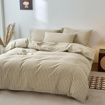 VM VOUGEMARKET Khaki Gingham Duvet Cover Queen 3 Pieces Neutral Beige & Mocha Plaid Duvet Cover 100% Washed Cotton Comforter Cover with 2 Pillowcases Farmhouse Checkered Bedding Set