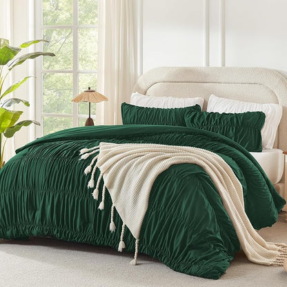 Andency Ruched Dark Emerald Green Queen Size Comforter Set, Shabby Chic Pleated Bedding Sets 3 Pieces, Lightweight Soft Boho Ruffle Bed Set for Girls, Kids, Women, All Season
