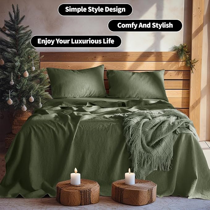 LBRO2M 100% Pure Linen Sheet Set Deep Pocket Up to 16" Bed Sheets Sets, Natural Flax Beddings Soft, Breathable, Comfortable for All Seasons 4 Pcs Sheet Set King Size, Olive Green