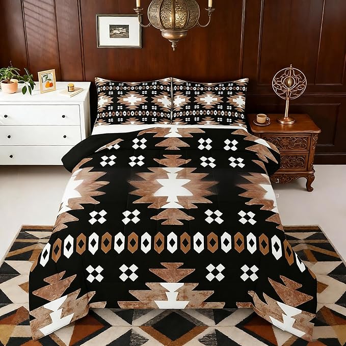 Feelyou Boho Comforter Set Toddler Size Southwest Native American Design Comforter Southwestern Geometric Bedding Set Western Decor Duvet Set Brown Balck Quilt Set