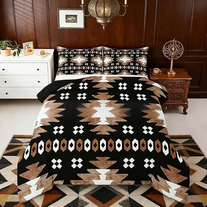 Feelyou Boho Comforter Set Queen Size Southwest Native American Design Comforter Southwestern Geometric Bedding Set Western Decor Duvet Set Brown Balck Quilt Set