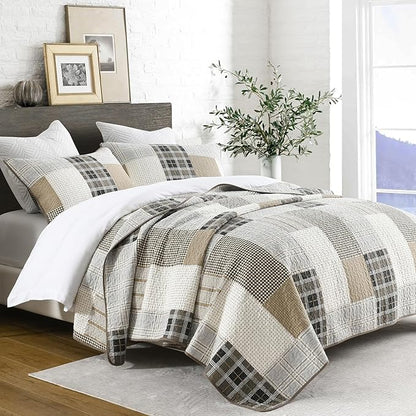 PANGUSHAN 100% Cotton Quilt Set Queen Size, Queen Size Farmhouse Plaid Patchwork Reversible Rustic Quilt Bedding Set Quilted Bedspread Lightweight Comforter for Queen Bed, 3pcs, Gray/Cream/Beige