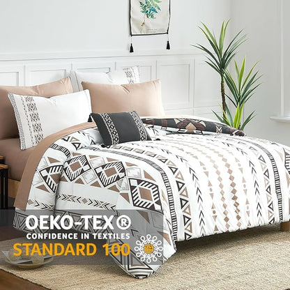 Geniospin Super King Size Comforter Set- 7 Pieces Boho Bed in a Bag, Western Bedding Set for All Seasons, Reversible Aztec Bedding, Lightweight Comforter Bed Set with Sheets, Pillowcases & Shams