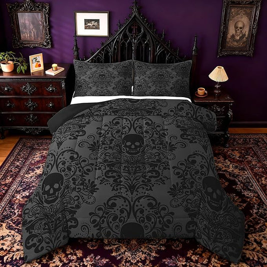 Feelyou Adults Gothic Skull Bedding Set Twin Size Kids Damask Print Comforter Goth Bohemian Duvet Breathable Soft Lightweight Microfiber Dark Olive Green Room Decor with 1 Pillowcase