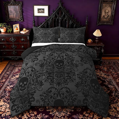 Feelyou Adults Gothic Skull Bedding Set King Size Kids Damask Print Comforter Goth Bohemian Duvet Breathable Soft Lightweight Microfiber Dark Olive Green Room Decor with 2 Pillowcases