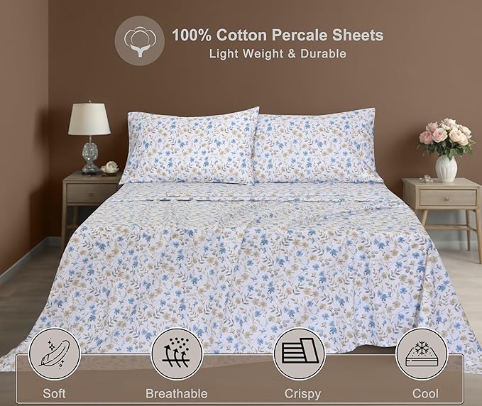 ZOYER 100% Cotton Sheets – Split King Size Percale Bedding, Cooling & Breathable, Durable with a Crisp, Soft & Comfortable Feel, 16" Deep Pocket, 5-Piece Set, Country Coast