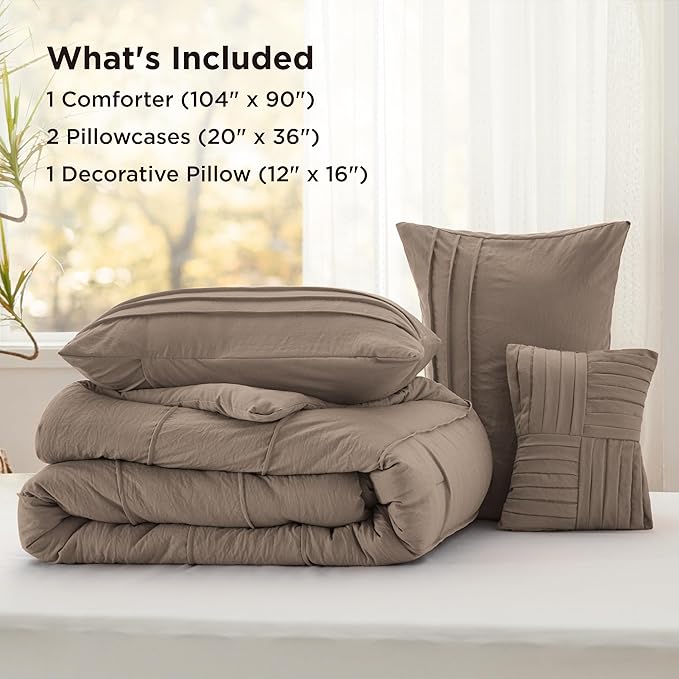 Bedsure Brown King Size Comforter Set - 4 Pieces Pinch Pleat Bed Set, Down Alternative Bedding Sets for All Season, 1 Comforter, 2 Pillowcases, 1 Decorative Pillow