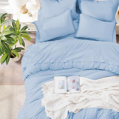 Andency Queen Comforter Set with Sheets Light Blue - 7 Pieces Boho Tassel Bed in a Bag Soft Lightweight Bedding Sets, Fringe Bed Set with Comforter, Sheets, Pillowcases & Shams