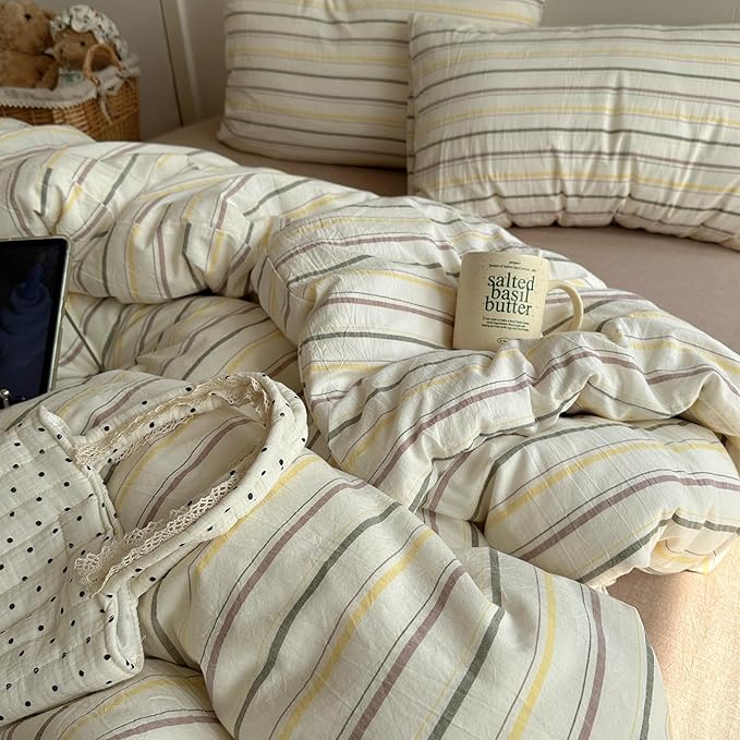 EAVD Vintage Colorful Striped Comforter Set Full Soft Cotton 3-Piece Retro Vertical Striped Bedding Set with 2 Pillowcases Boho Geometric Comforter Set for All-Season(Green&Yellow&Brown, Full)