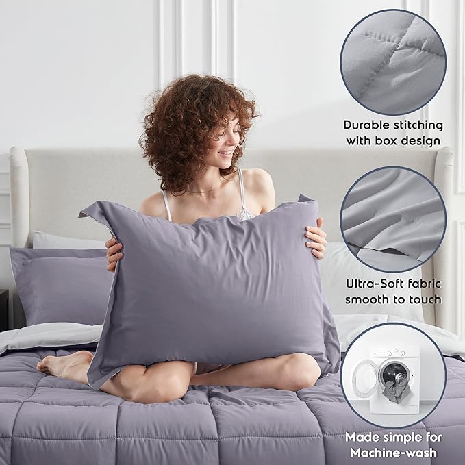 Nestl 7 Piece Queen Comforter Set – Grayish Purple Reversible Bed in a Bag – Complete Queen Size Bedding Set with Sheets, Pillowcases and Shams