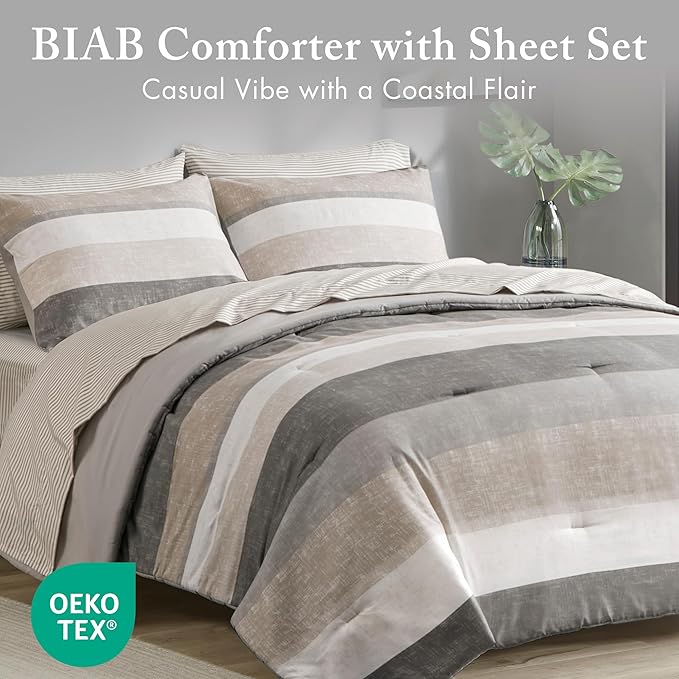 Madison Park Essentials Twin Comforter Set, Bed in A Bag Comforter & Sheet Set, Modern Casual Stripes Print, All Seasons, Soft Microfiber Bedding Makeover, Matching Shams, Twin Taupe/Grey 5 Piece