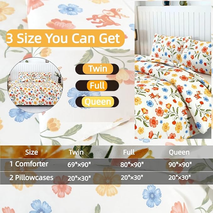 SDIII Reindeer and Floral Comforter Set Queen 3 Pieces, Soft Microfiber Vintage Floral Comforter Queen Size, Yellow Flower Bedding All Season