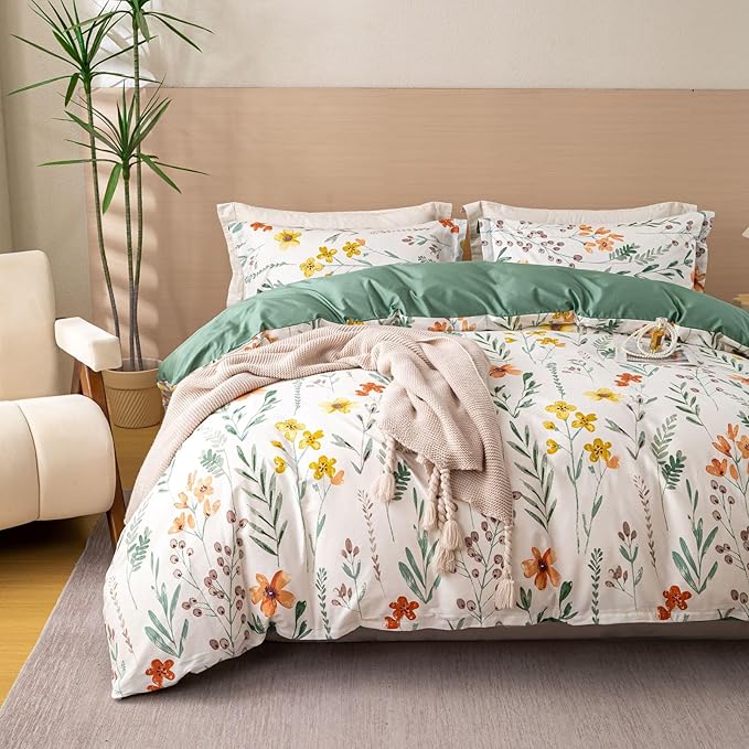 OAITE Duvet Cover Set King Size Floral Pattern Ultra Soft 100% Cotton Duvet Cover Sets 3-PC, Breathable Duvet Cover with Zipper Closure & Corner Ties(2 Pillow Shams,1 Duvet Cover)